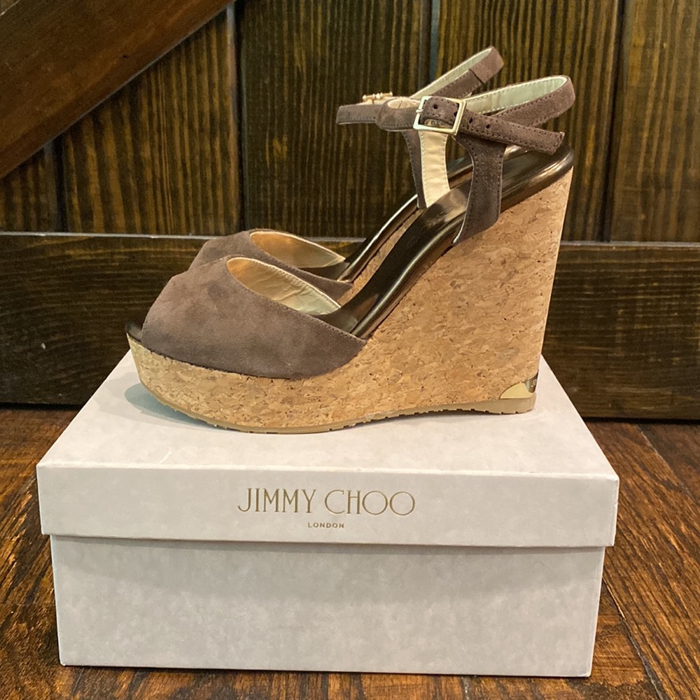 Jimmy Choo Perla Suede/Cork Wedge Sandal Pecan 37/7 NIB